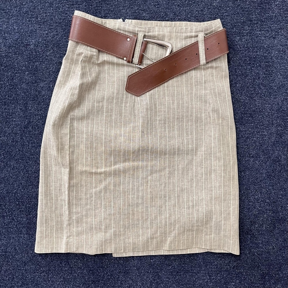 Vintage By Choice Sport‎ Skirt Womens 7 Beige Striped Pencil Knee Length Belted